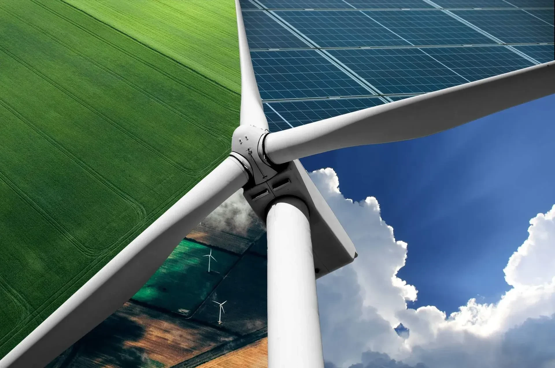 Wind turbine above solar panels and farmland